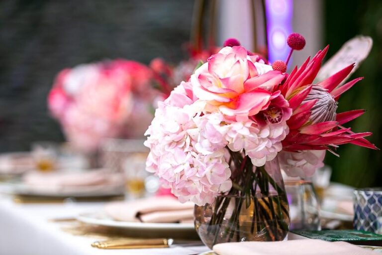 A centrepiece of hydrangea, rose and king protea, Jamie Aston