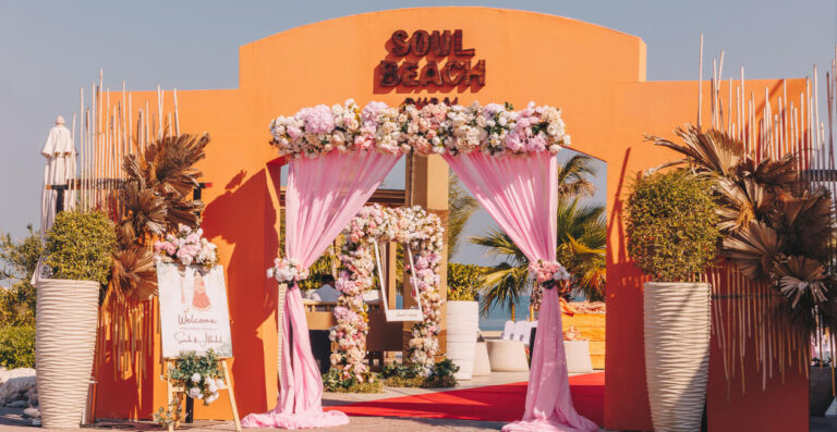The floral entrance arch at Soul Beach, Jebel Ali Golf Resort