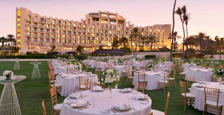 Palmito Garden laid for a reception with JA Beach Hotel behind, Jebel Ali Golf Resort