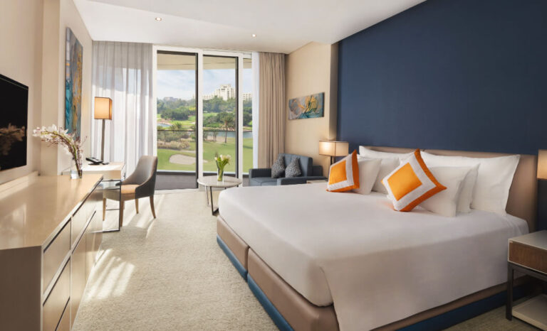 A Premium Golf Course View Room at JA Lake View Hotel, Jebel Ali Golf Resort