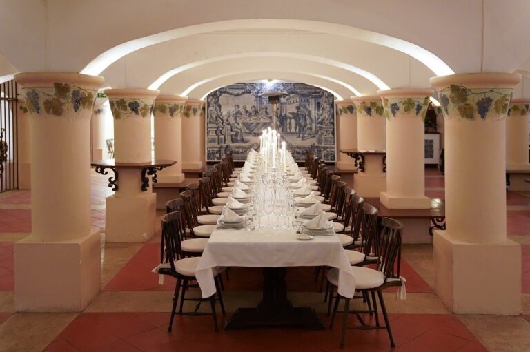 A long table in the vaulted cellar, José Maria da Fonseca Casa Museu