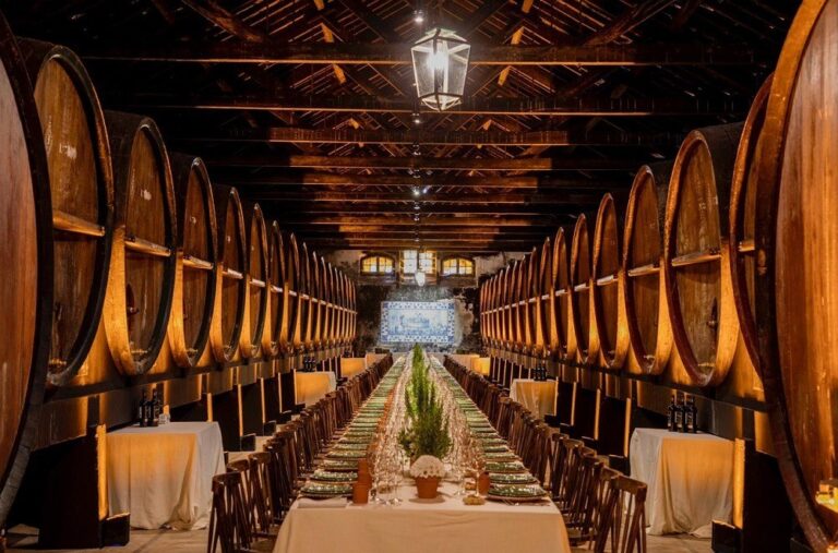 The Teares Novos cellar set for a dinner, José Maria da Fonseca Casa Museu