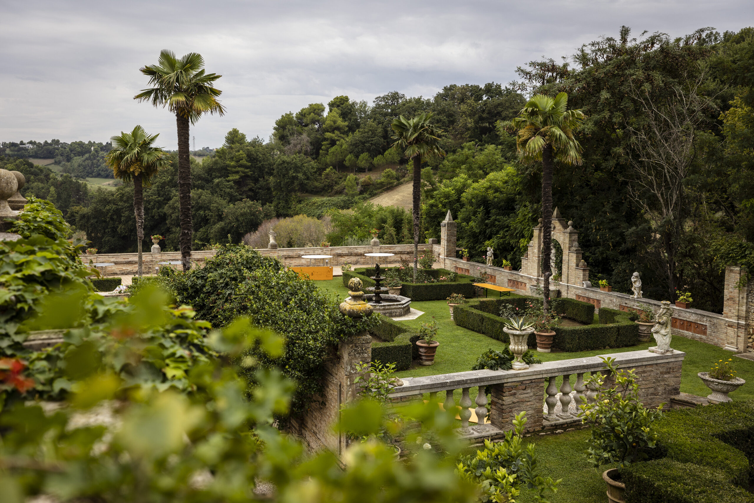 The formal Italian gardens and palms at Villa Cattani Stuart, Trebbiantico, Pesaro, Joy Wedding