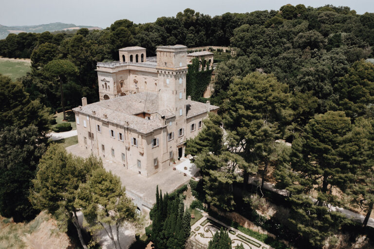 Aerial view of Villa Imperiale, Pesaro, surrounded by woodland on the hill above Pesaro, Joy Wedding