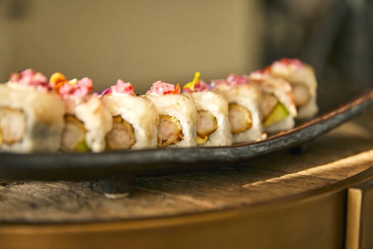 A sushi roll finished with petals at the resort restaurants, Jumeirah Port Soller Hotel & Spa