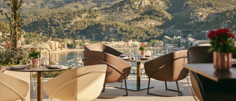 The Sunset Lounge terrace, chairs set high above the marina, Jumeirah Port Soller Hotel & Spa