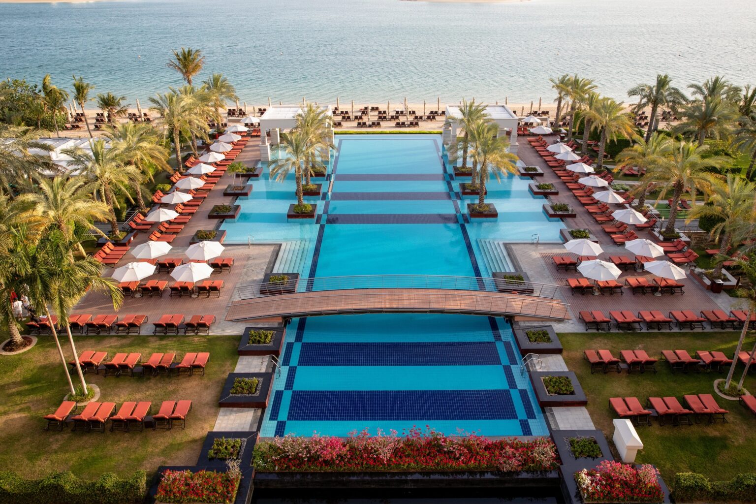 Aerial view of the beach, pool and gardens, Jumeirah Zabeel Saray