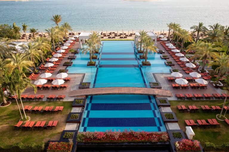 Aerial view of the beach, pool and gardens, Jumeirah Zabeel Saray