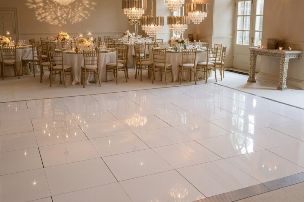 White gloss dance floor in a banqueting room set with gold chairs, Just Smile Ltd