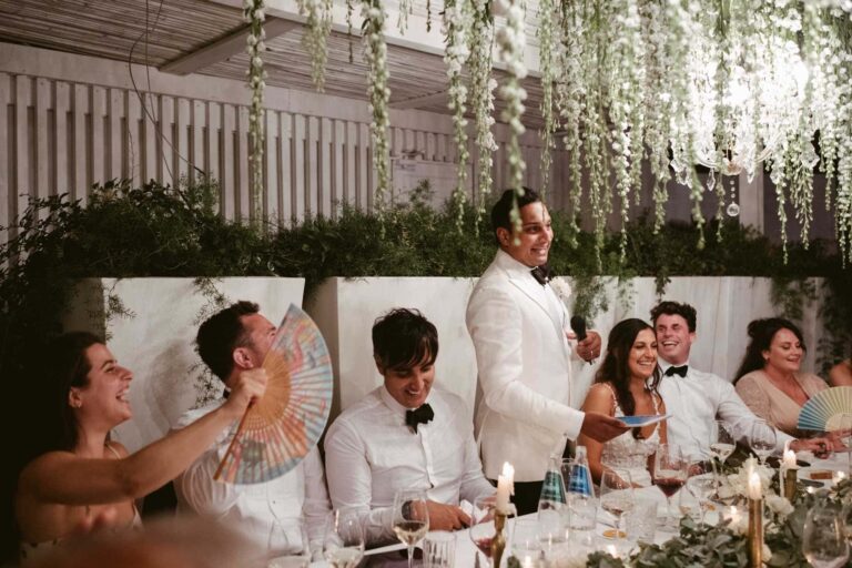 The toast, white dinner jackets and laughter, Kaleidos Wedding