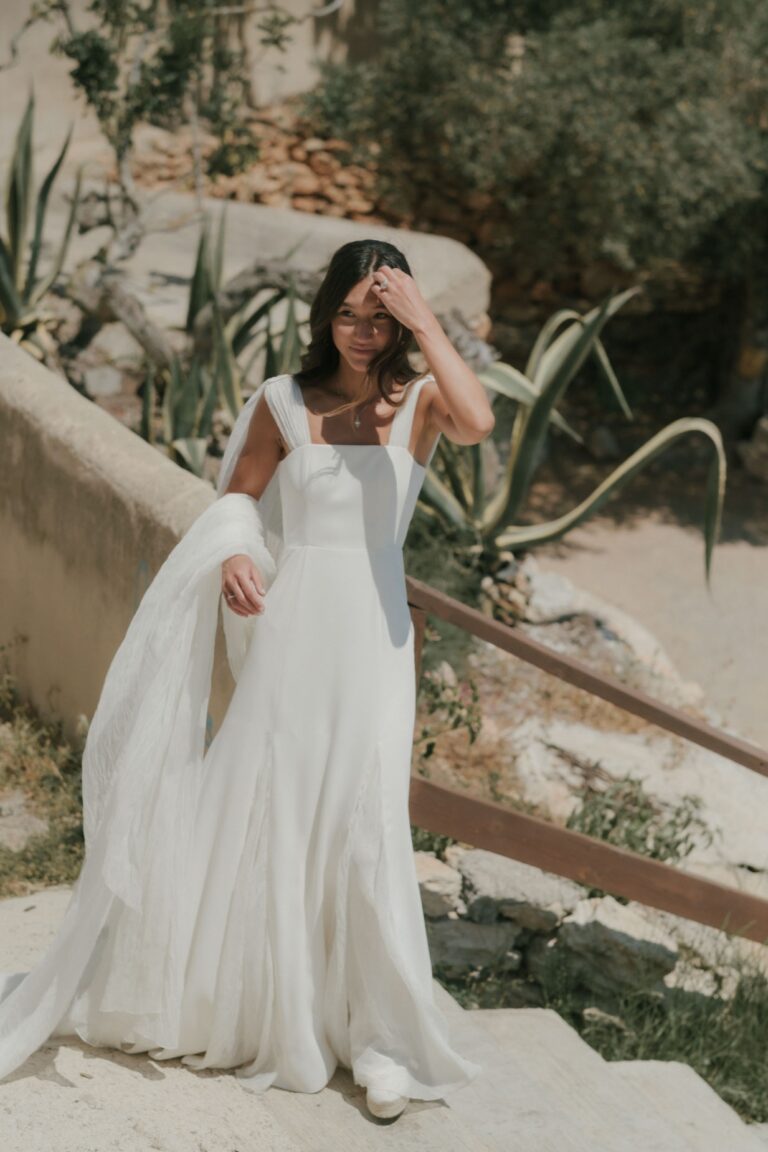 Down the stone steps, in the dress, Kaleidos Wedding