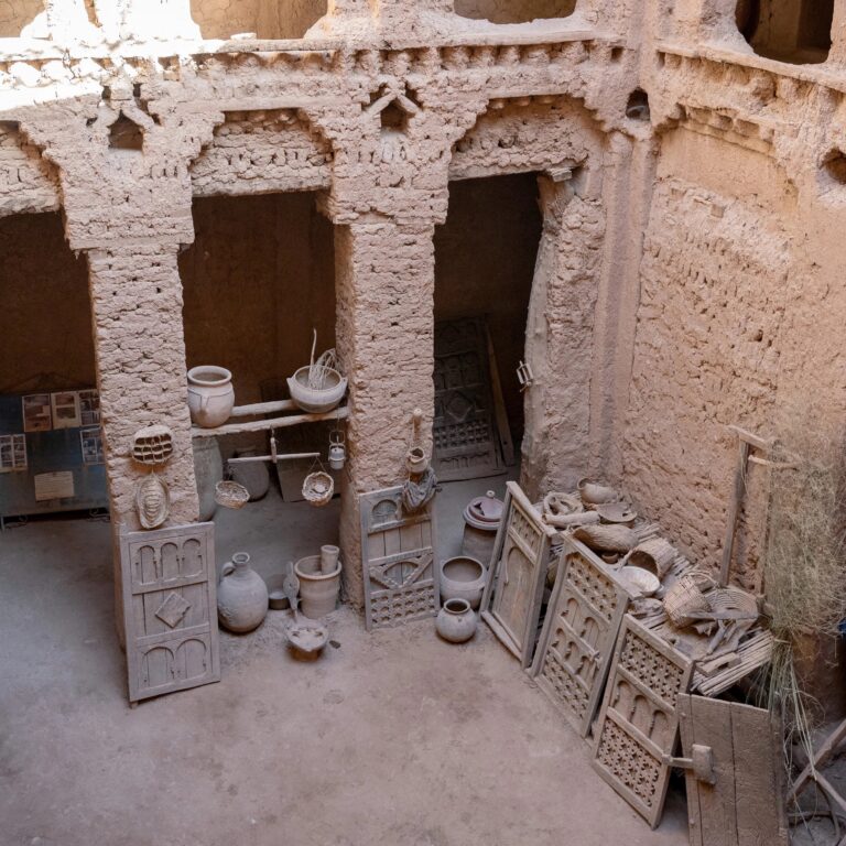 The kasbah museum courtyard with traditional objects, Kasbah des Caïds