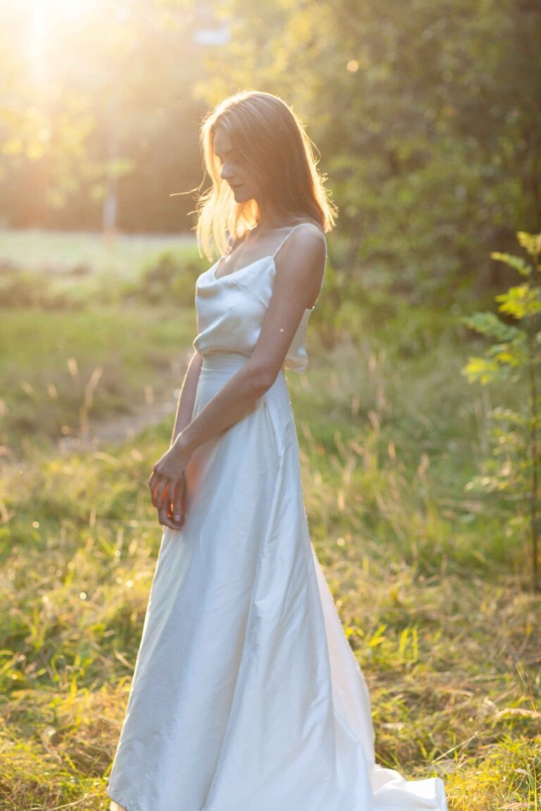 A satin slip gown in golden evening light, Kate Edmondson Bridal Couture