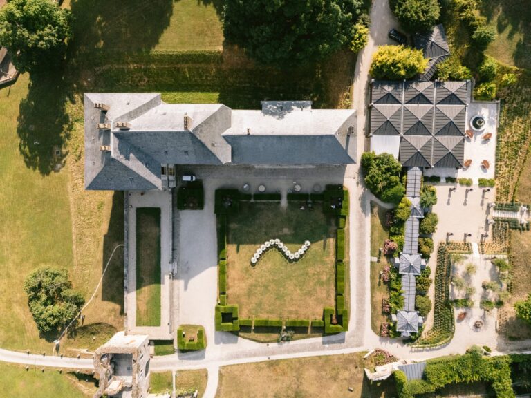 Aerial view of a château and its formal garden, Katerina Meyvial Wedding & Event Planner