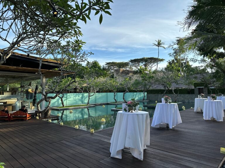 Cocktail tables on the pool deck, Kayumanis Nusa Dua Private Villa and Spa
