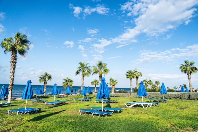 Beachfront lawns and sunbeds at the resort, Kefalos Beach Weddings