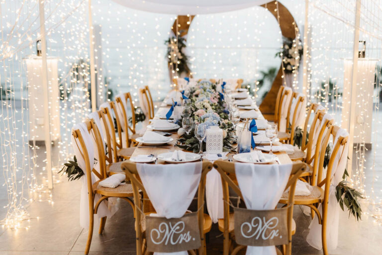 Long reception table on the Divine Breeze Terrace, Kefalos Beach Weddings