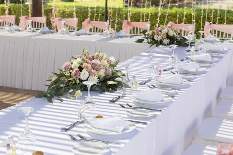 Reception tables at Mediterranean Sea Breeze, Kefalos Beach Weddings