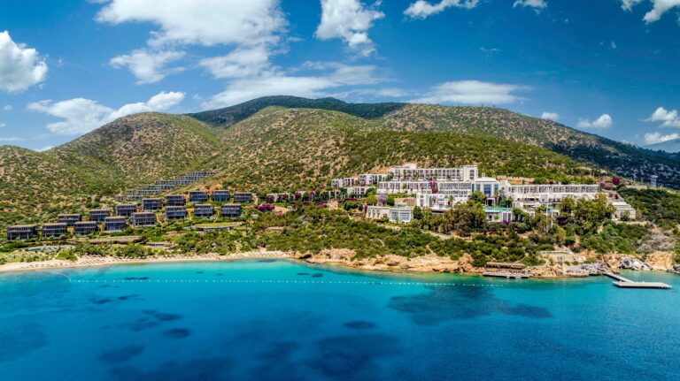 Aerial view of the hotel above Barbaros Bay, Kempinski Hotel Barbaros Bay Bodrum