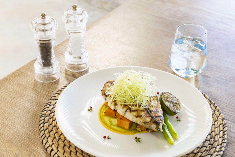 Fish course plated for lunch, Kempinski Hotel Barbaros Bay Bodrum