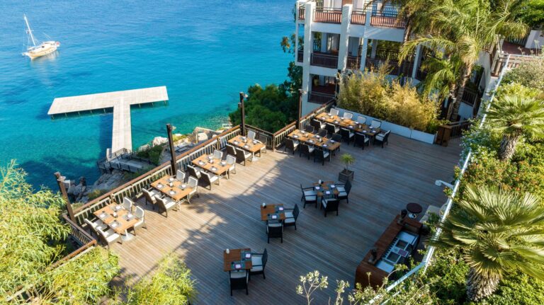 Waterside deck and jetty, Kempinski Hotel Barbaros Bay Bodrum