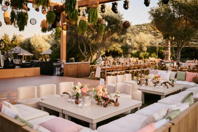 Reception tables and lounge seating among the trees, Kempinski Hotel Barbaros Bay Bodrum