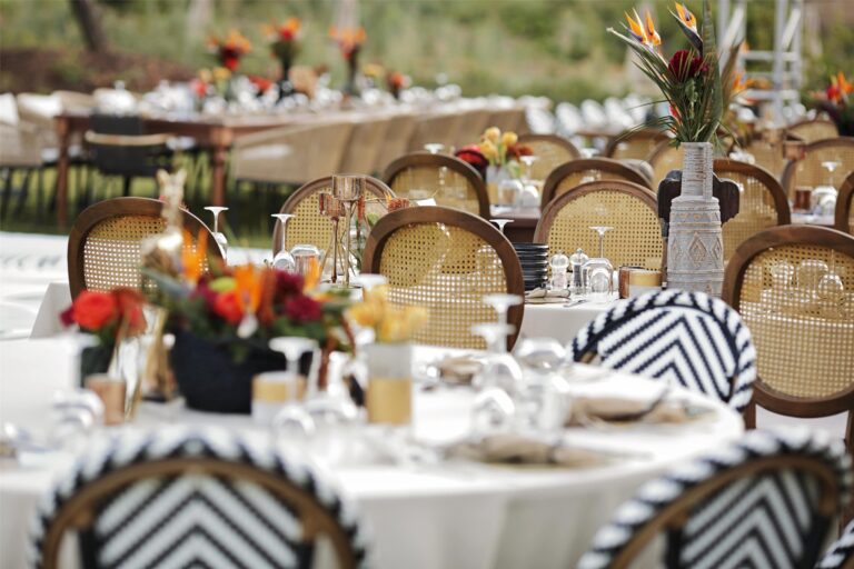 Reception tables laid with flowers, Kempinski Hotel Barbaros Bay Bodrum