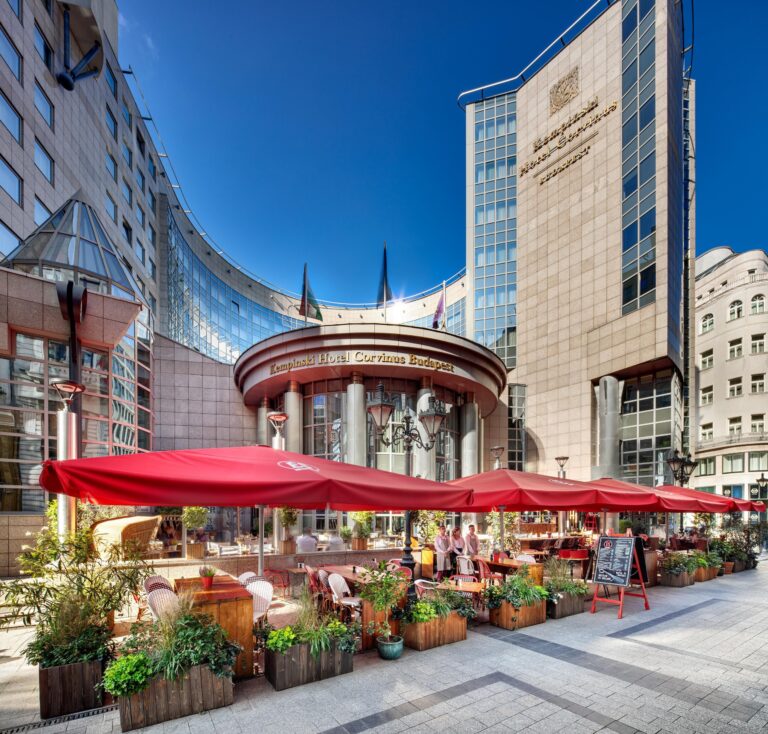 Hotel terrace on Erzsébet Square, Budapest, Kempinski Hotel Corvinus Budapest