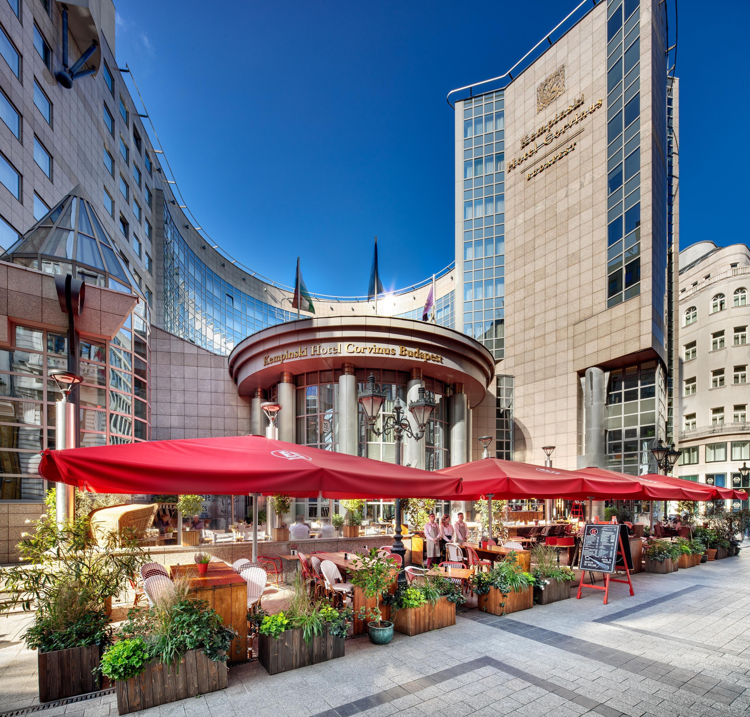 Hotel terrace on Erzsébet Square, Budapest, Kempinski Hotel Corvinus Budapest