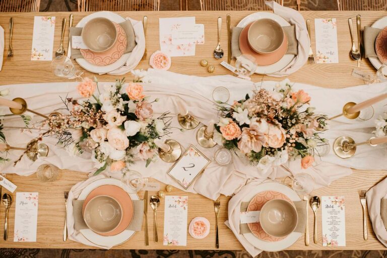 Place settings and florals on a wedding table, Kempinski Hotel Corvinus Budapest