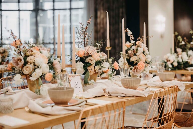 Long wedding table with candles and flowers, Kempinski Hotel Corvinus Budapest