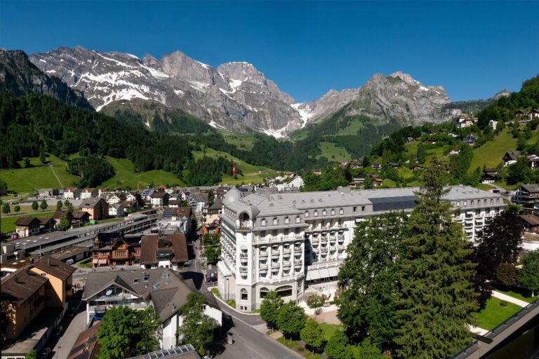 Kempinski Palace Engelberg from above, with the Engelberg valley behind, Kempinski Palace Engelberg