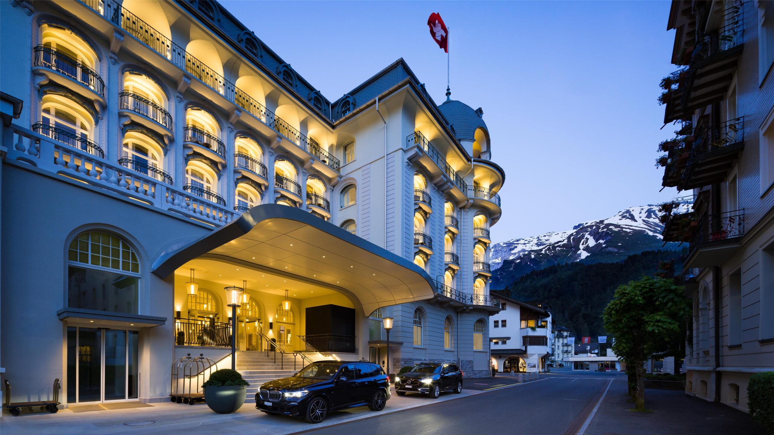 The hotel entrance at dusk, Kempinski Palace Engelberg