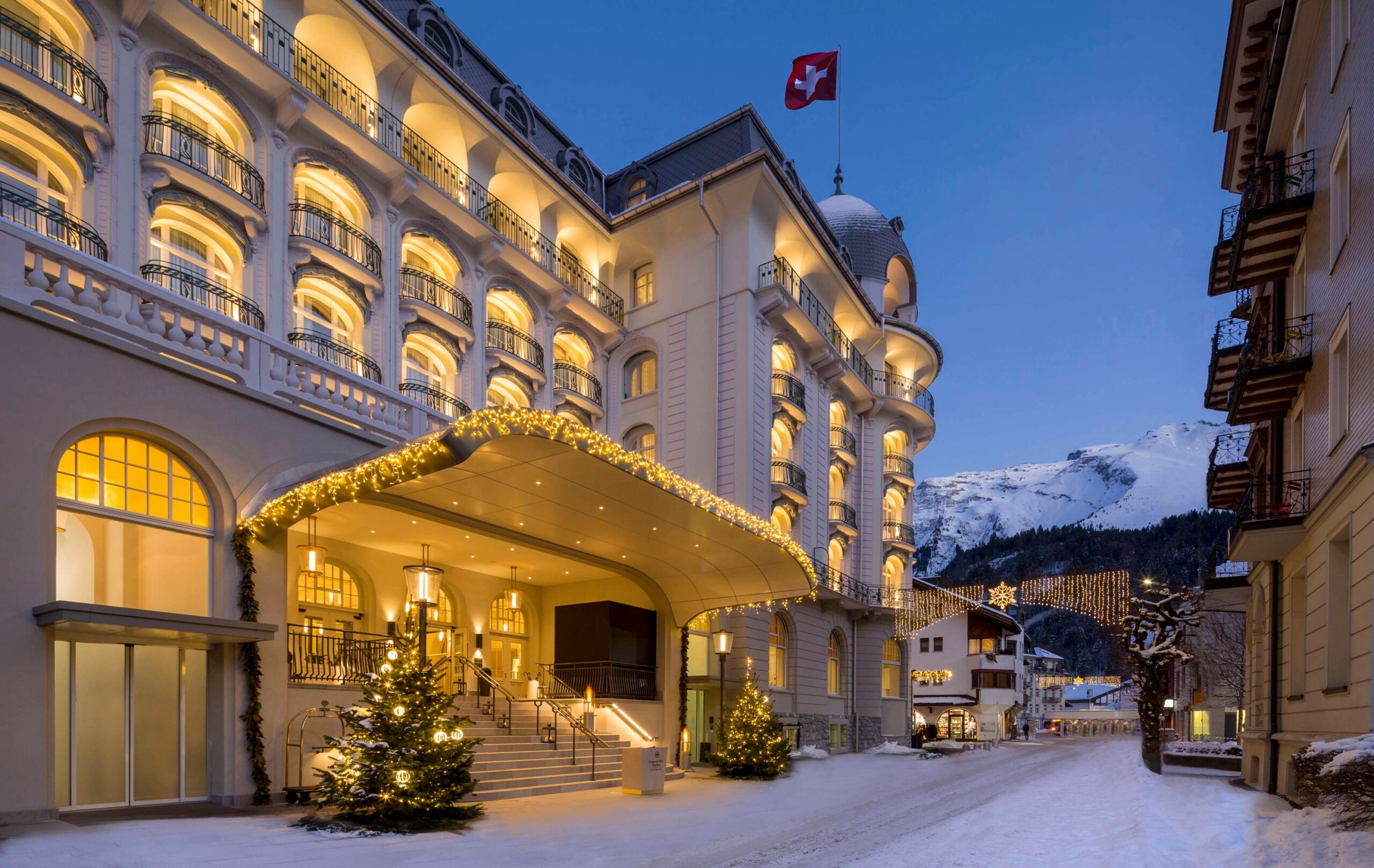 The winter entrance of the Belle Époque building, Kempinski Palace Engelberg