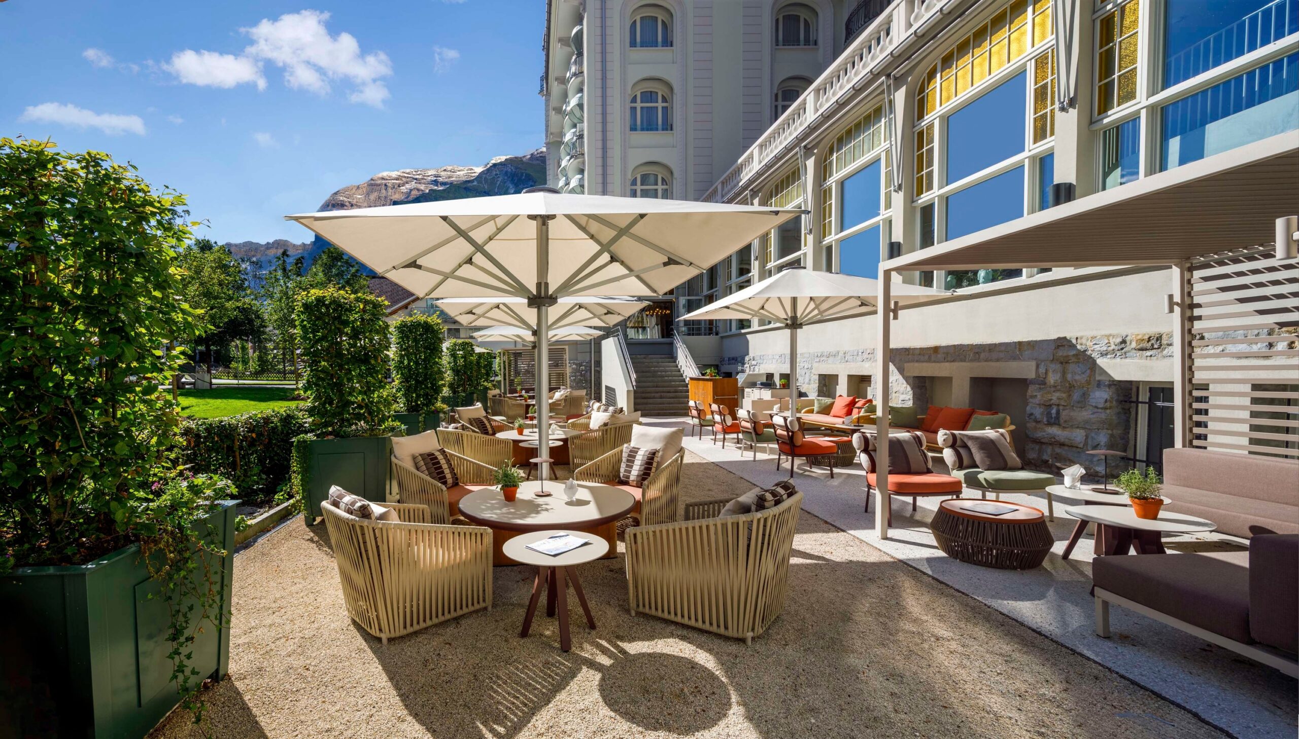 The garden terrace beside the hotel, Kempinski Palace Engelberg
