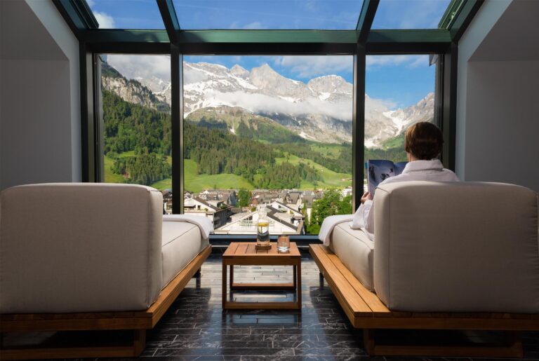 Spa lounge with a mountain panorama, Kempinski Palace Engelberg