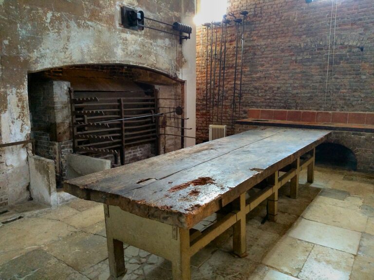 The Royal Kitchens, the great scrubbed table before the open range, Kew Palace