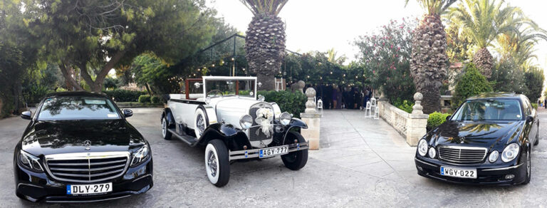 Bridal cars lined up on a palm-lined forecourt, KG Events Malta