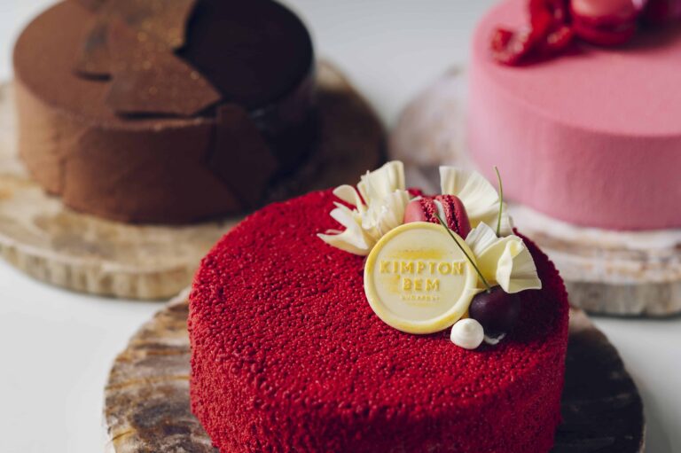 Chocolate and raspberry dessert with the hotel crest, Kimpton BEM Budapest