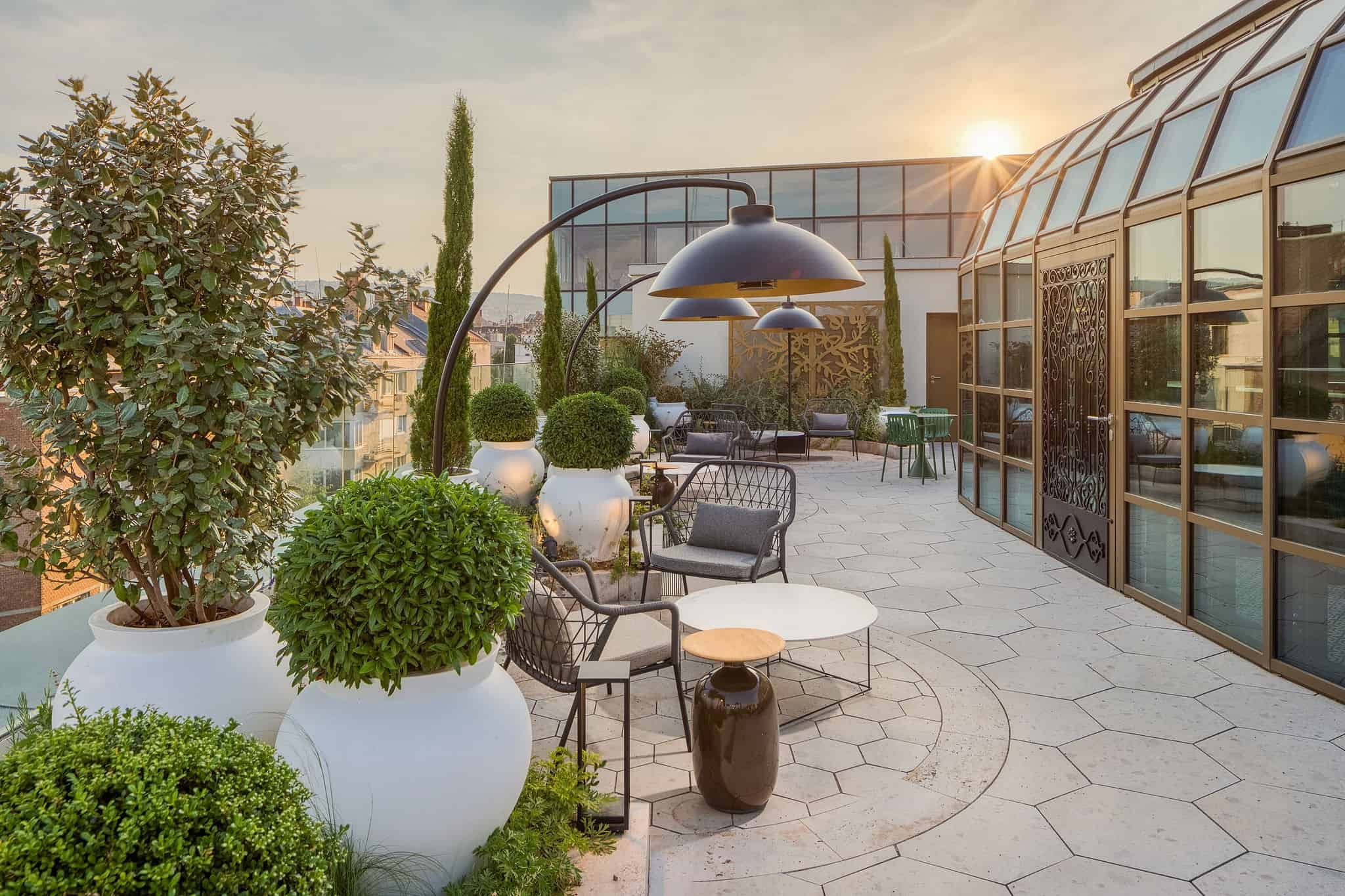 Rooftop terrace at sunset, Kimpton BEM Budapest