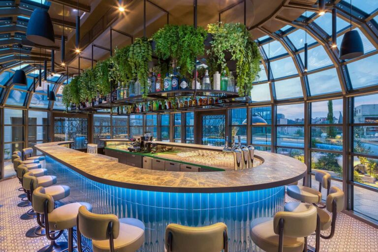 Bar inside the rooftop glass pavilion, Kimpton BEM Budapest