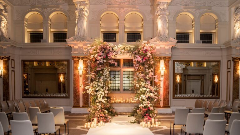 A ceremony layout under a floral arch of pink and white flowers, with candles and a white aisle between chair rows, Kimpton Fitzroy London