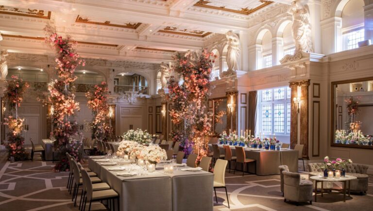 The Ballroom dressed with tall pink floral columns over long tables for a reception, Kimpton Fitzroy London