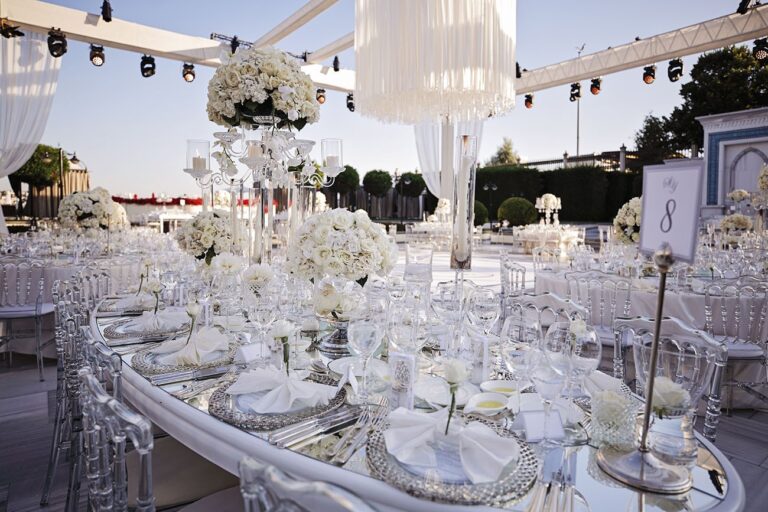 A wedding table with crystal and white flowers, KM Events