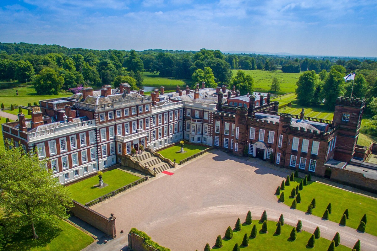 Aerial view of the hall and its courtyard, Knowsley Hall