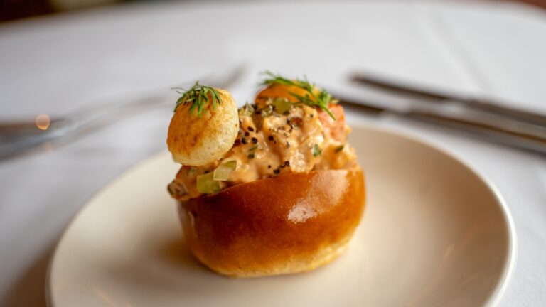 A canape served on a white plate, Knowsley Hall