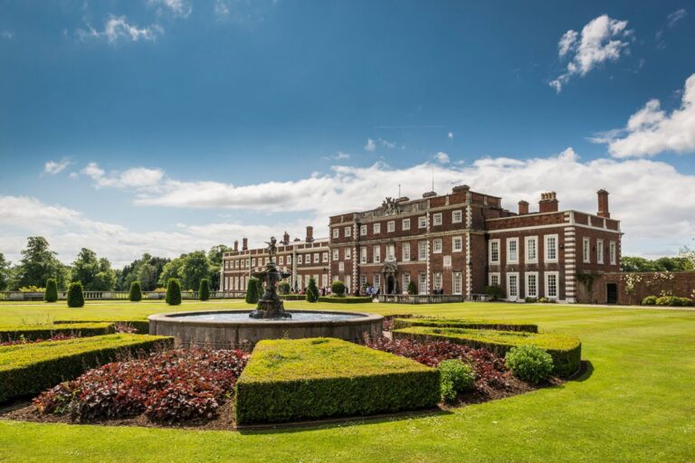 The hall beyond the fountain and clipped hedges, Knowsley Hall