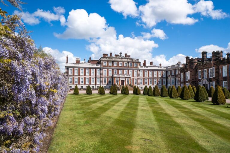 The hall behind wisteria and a striped lawn, Knowsley Hall