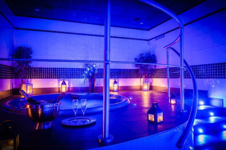 The Chill Out Spa pool lit in blue, Knowsley Hall
