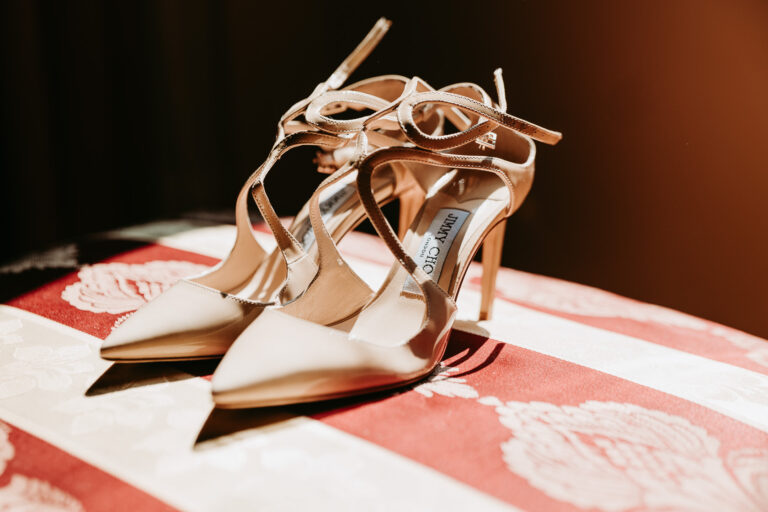 Bridal shoes laid out ready for the day, La Bottega del Sogno